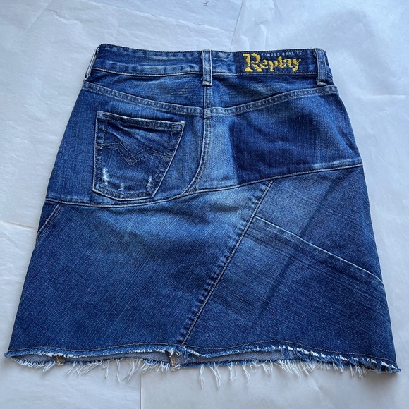 Replay Denim Blue Jean Raw Hem Fringe Studded Casual A-line Midi Skirt 26 - Picture 3 of 10